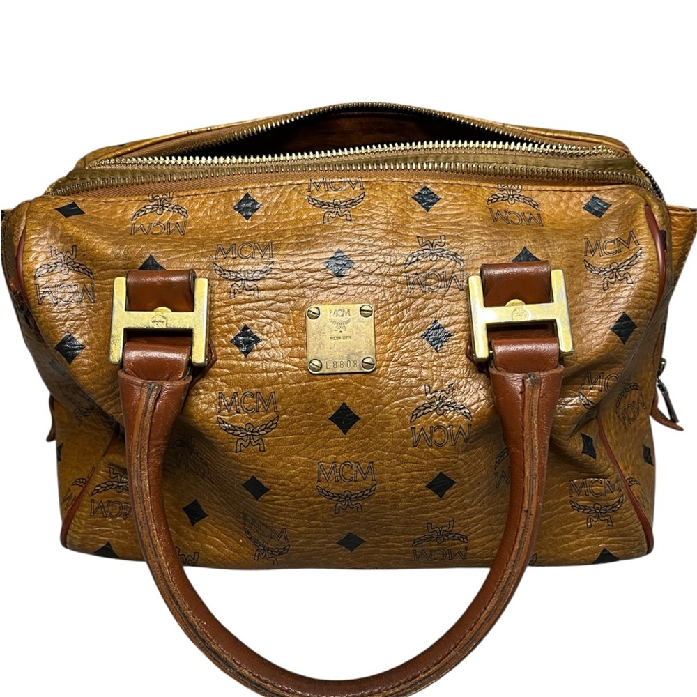 MCM Vintage Cognac Monogram Visetos Boston Bag Coated Canvas, Medium Great Shape